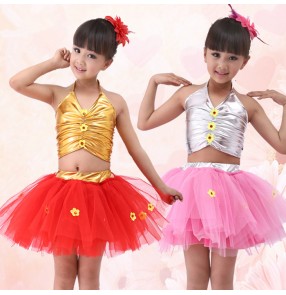 Gold  silver pu leather top  tulle tutu skirt girls kids child children toddlers modern dance jazz dance school play performance outfits costumes